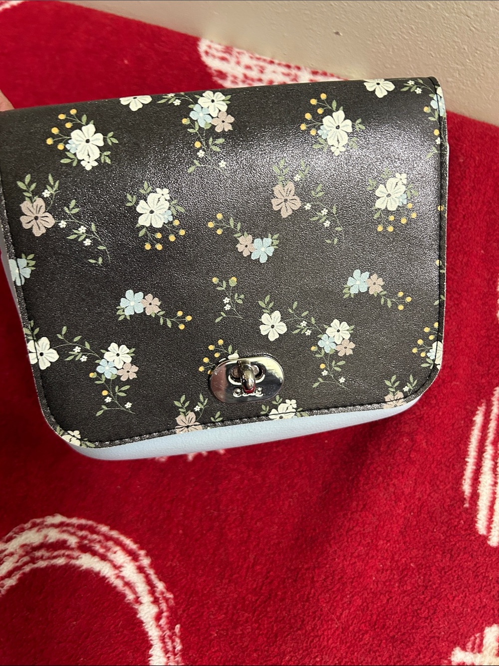 Floral Print Clutch Bag in Black and Light Blue flowers